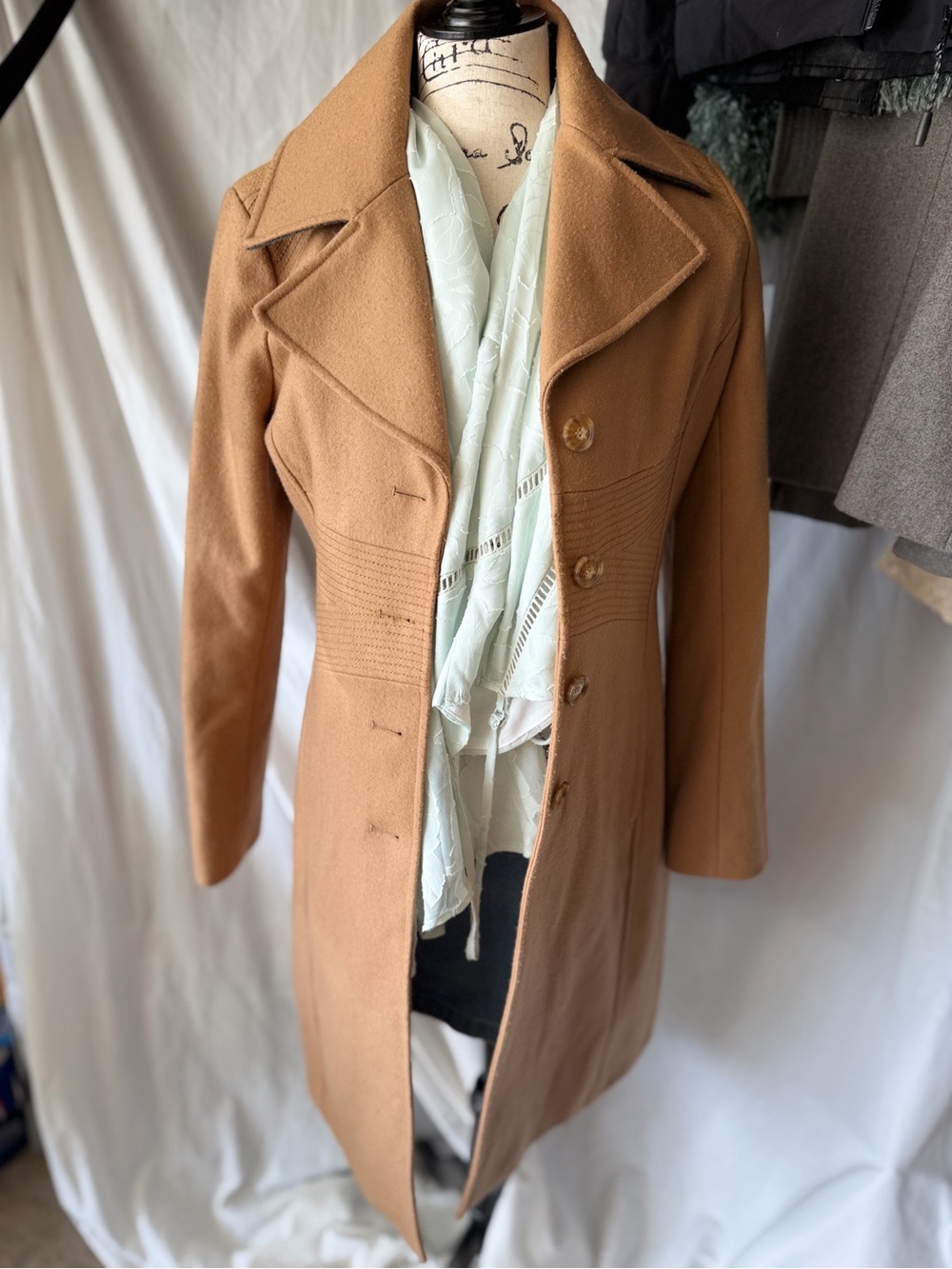 Tommy Hilfiger Camel Wool-Blend Coat with Navy & Red Trim